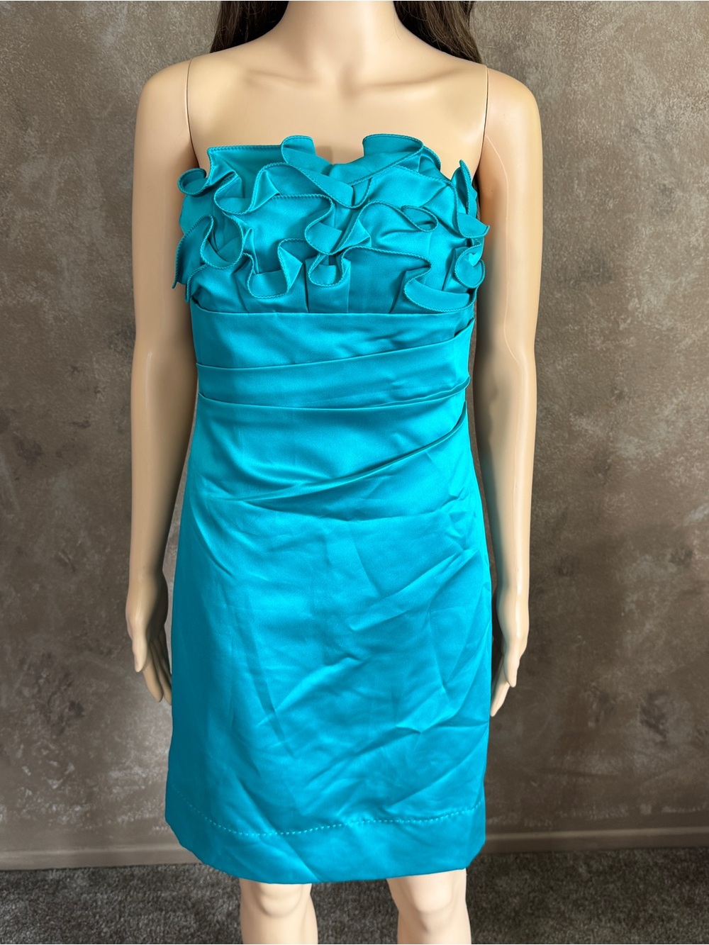 VINTAGE Y2K Strapless Turquoise Ruffle Cocktail Dress Sz 4 PHOEBE COUTURE
